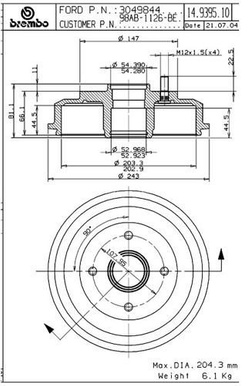 bębny hamulcowe Focus Mk1 - Brembo 14.9395.10